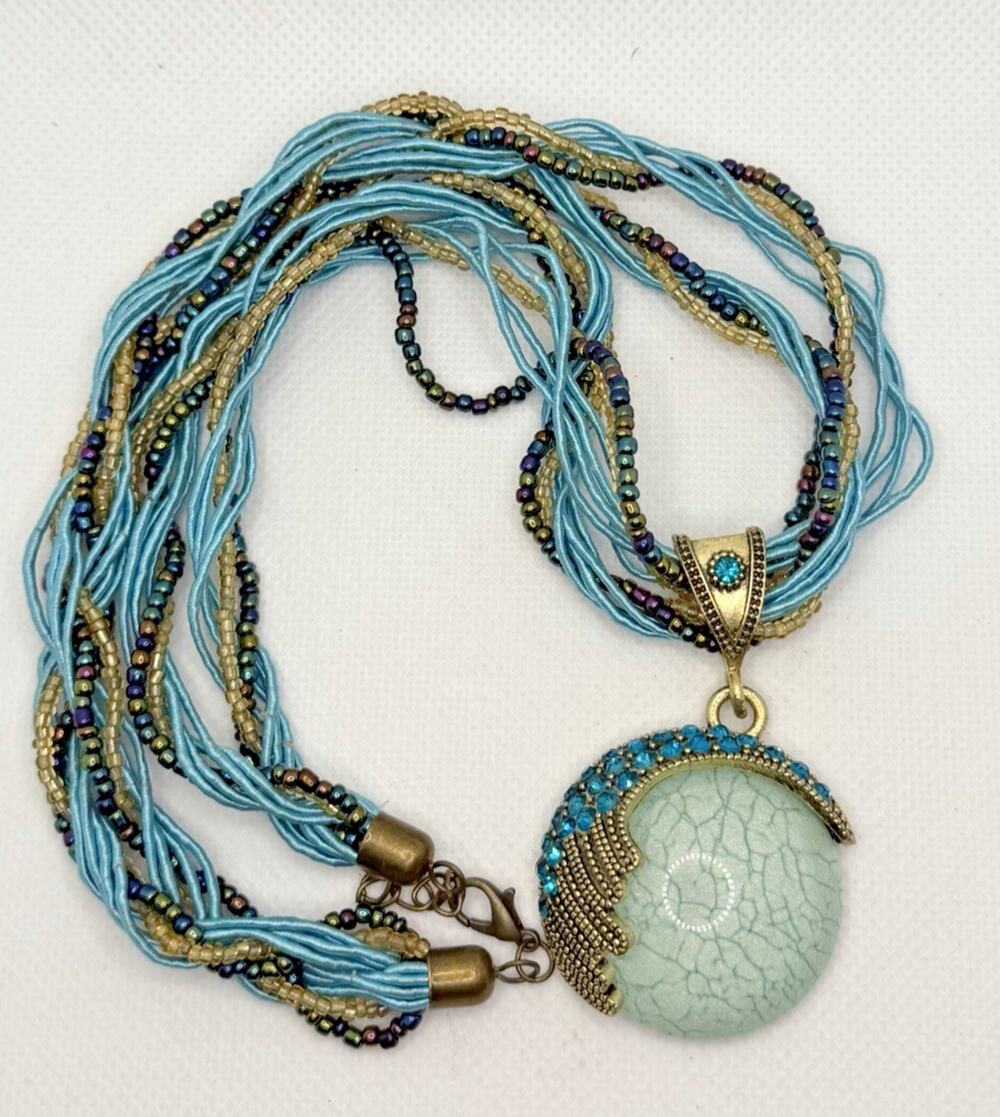 Boho Style Cresent Moon Pendant W/Braided Beads Cord Necklace